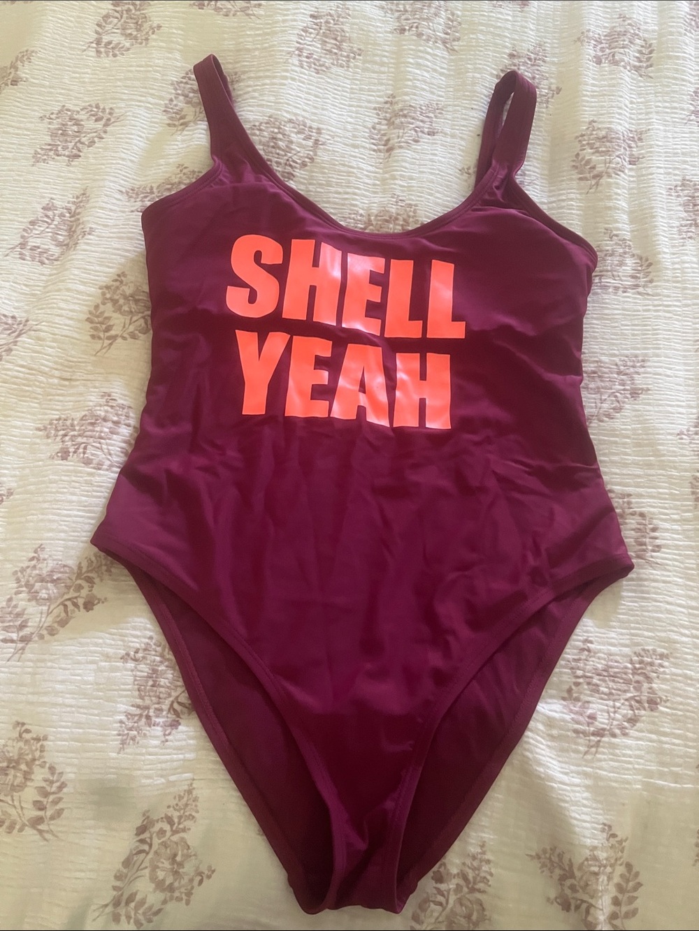 California Waves Maroon One-Piece Swimsuit with Coral 'SHELL YEAH' Print